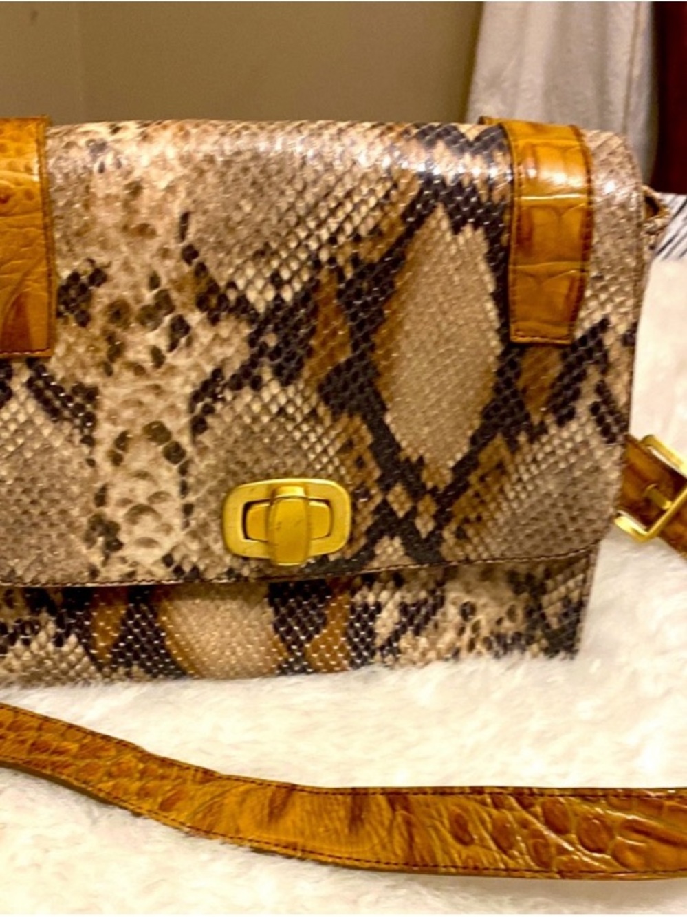 Brahmin Brown Multi-Tone Snake Print 9” Crossbody with Gold Hardware